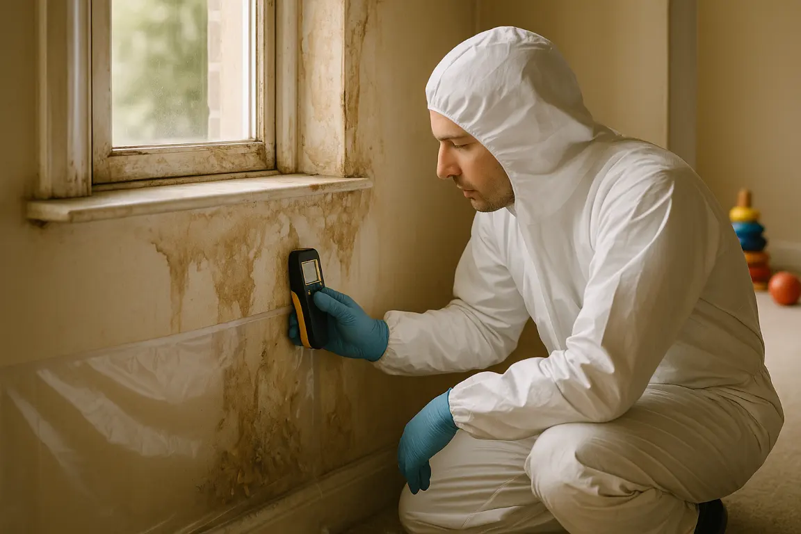 Professional in protective coveralls checks water-damaged, peeling paint near a sunlit window with a moisture meter; loose flakes are contained under a clear protective sheet in an older family home.