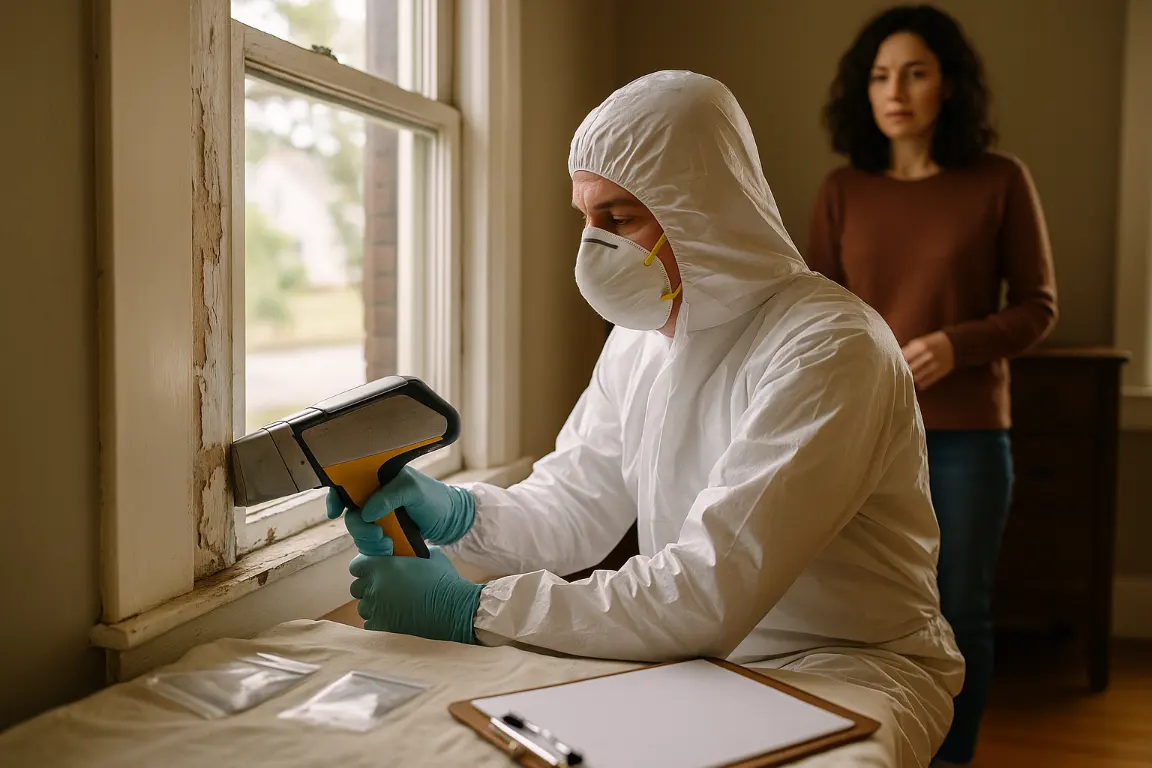 Qualified lead inspector uses an XRF analyzer on an old painted window frame in a pre-1978 home as a homeowner observes nearby, with peeling paint, sealed dust-sample bags, and a clipboard on a drop cloth.