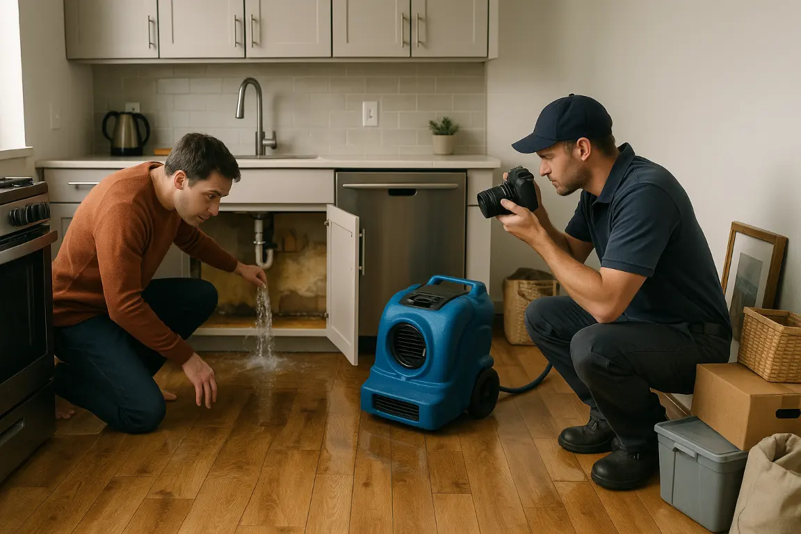 Homeowner and restoration professional assess burst pipe water damage beneath a kitchen sink, with wet flooring, exposed soaked drywall, moved belongings, and water-extraction equipment.