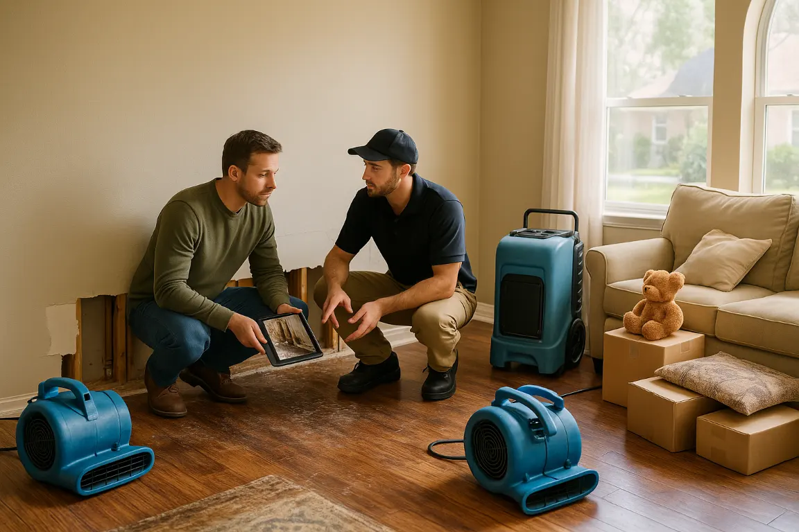 Homeowner and restoration technician inspect burst pipe water damage in a sunlit living room with removed drywall, drying equipment, damaged flooring, belongings, and claim documentation on a tablet.