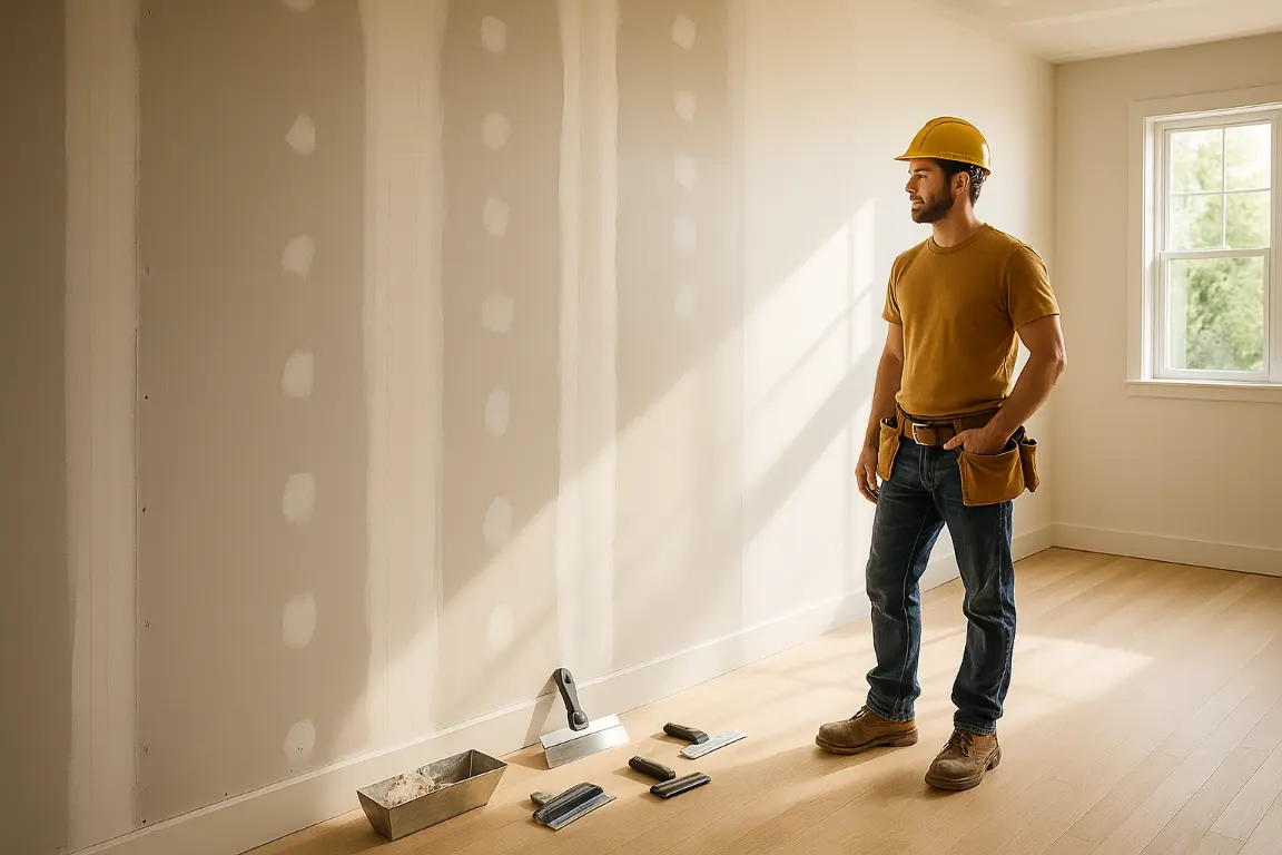 finisher looking at level 4 drywall finish