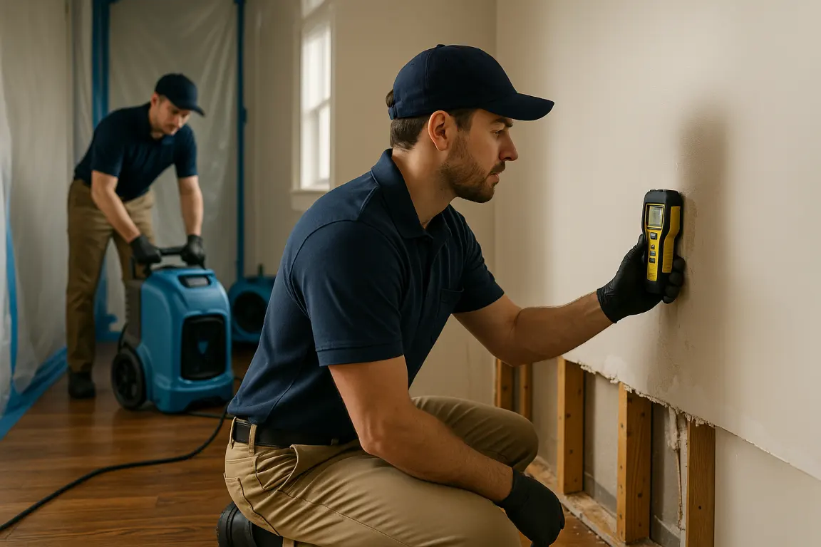 Restoration technicians use a moisture meter and water extractor in a contained room with drying equipment, removed drywall, and a partially rebuilt wall.