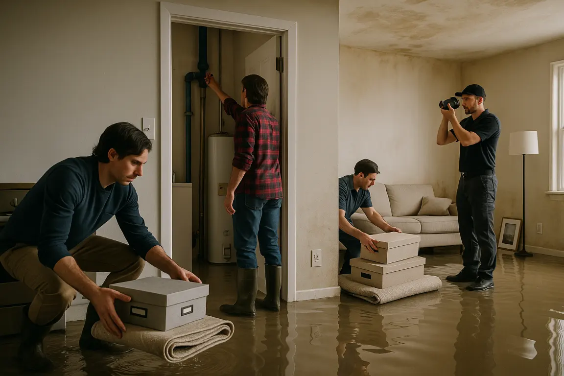 Homeowner reaches for main water shutoff while another person moves dry belongings from a flooded living room as a restoration technician photographs water damage.