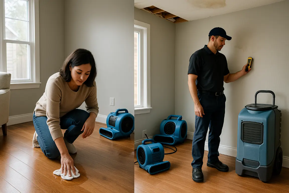 Homeowner dries a small clean hardwood floor puddle while a restoration professional checks damp drywall with a moisture meter beneath a stained ceiling.