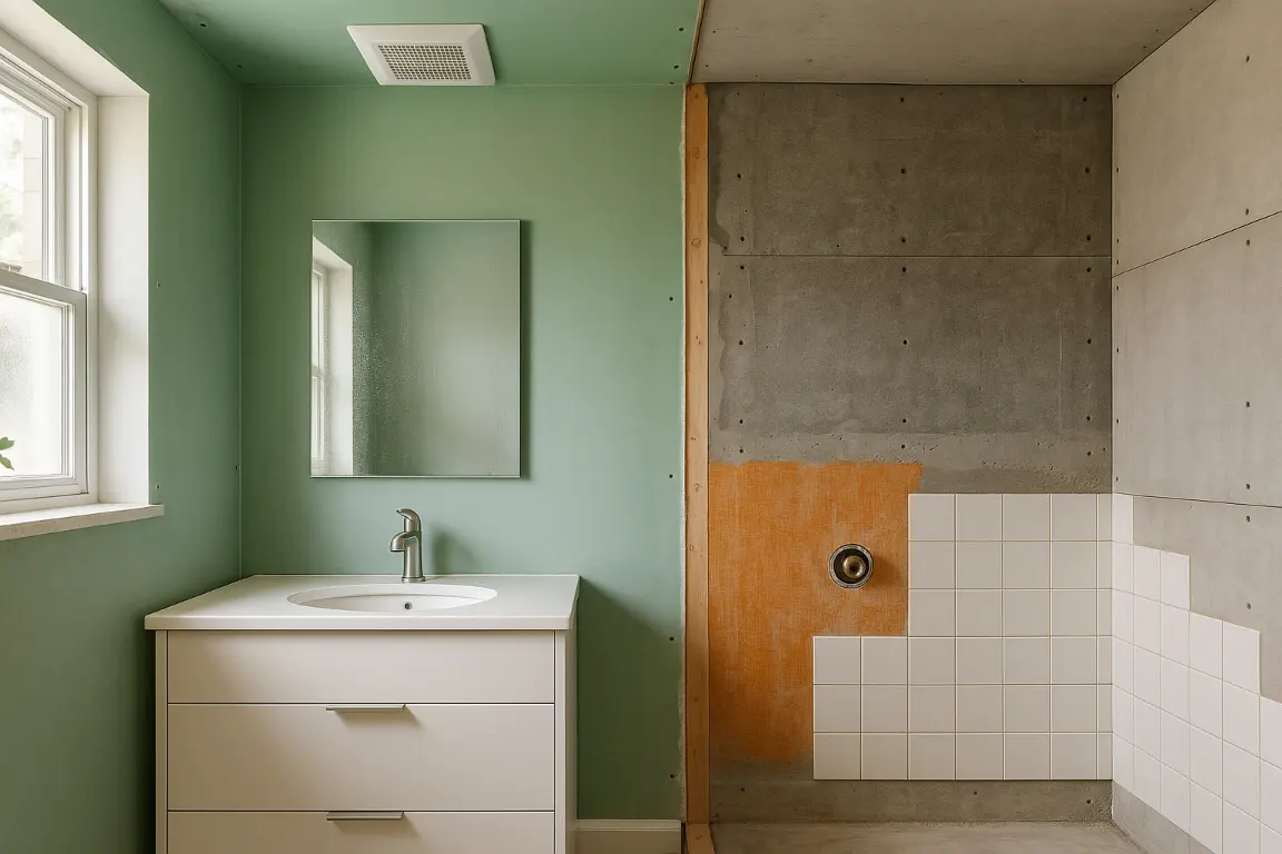 Partially renovated bathroom cutaway showing green moisture-resistant drywall behind vanity and ceiling, cement backer board and waterproof membrane in shower tile area, exhaust fan overhead, and light mirror humidity