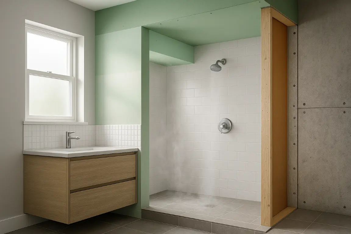 Modern bathroom cutaway showing dry vanity wall, moisture-resistant ceiling above a steamy shower, tiled sink splash area, and open shower wall with cement backer board and waterproof membrane behind tile.