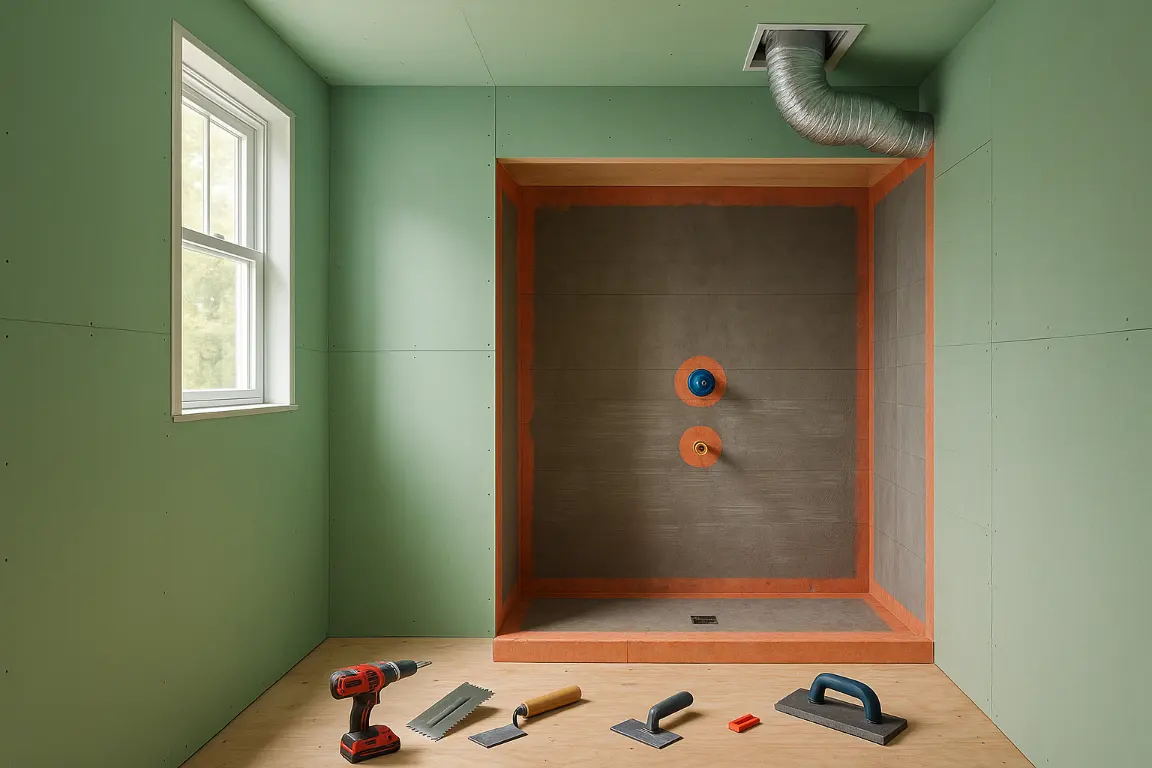 Modern bathroom wall under construction showing moisture-resistant drywall, cement board and waterproof shower membrane, sealed plumbing openings, and an exhaust fan duct routed through an exterior wall