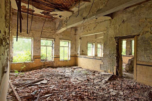A dilapidated room with broken walls, windows, and debris on the floor, showing signs of decay and neglect.