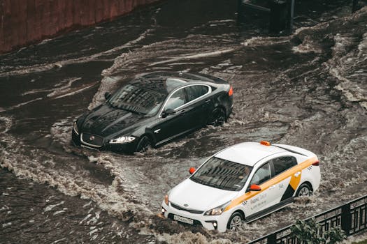 Cars navigating through a flooded city street, showcasing urban chaos and weather impacts.
