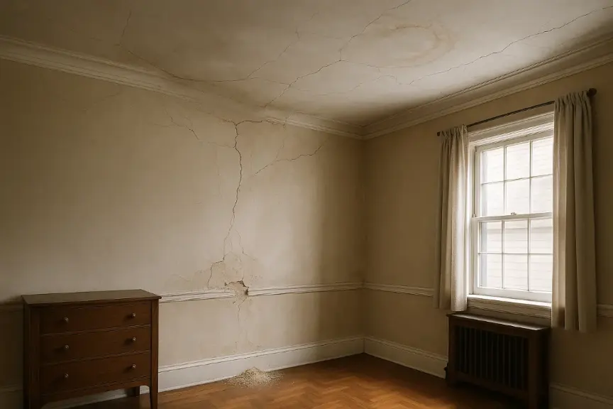 Older home interior showing a sagging plaster ceiling, branching corner cracks, flaking paint, faint water stain, crumbling plaster, and dust on the floor.