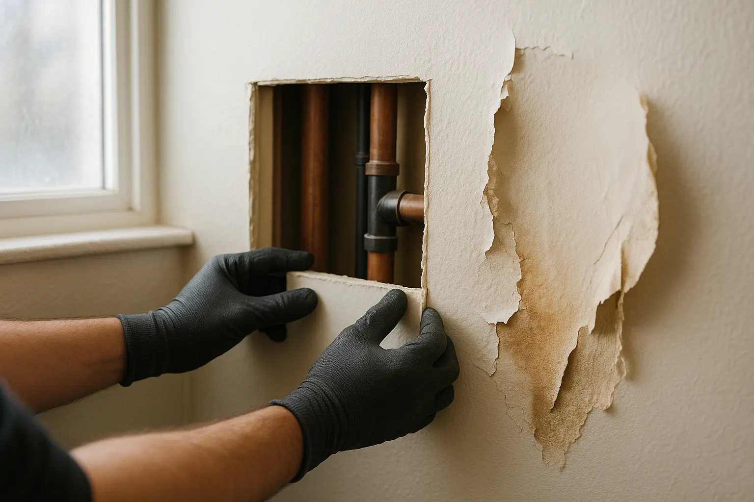 Plumber’s gloved hands inspect solid drywall beside a square plumbing access hole with exposed pipes, wall studs, and adjacent sagging water-damaged drywall