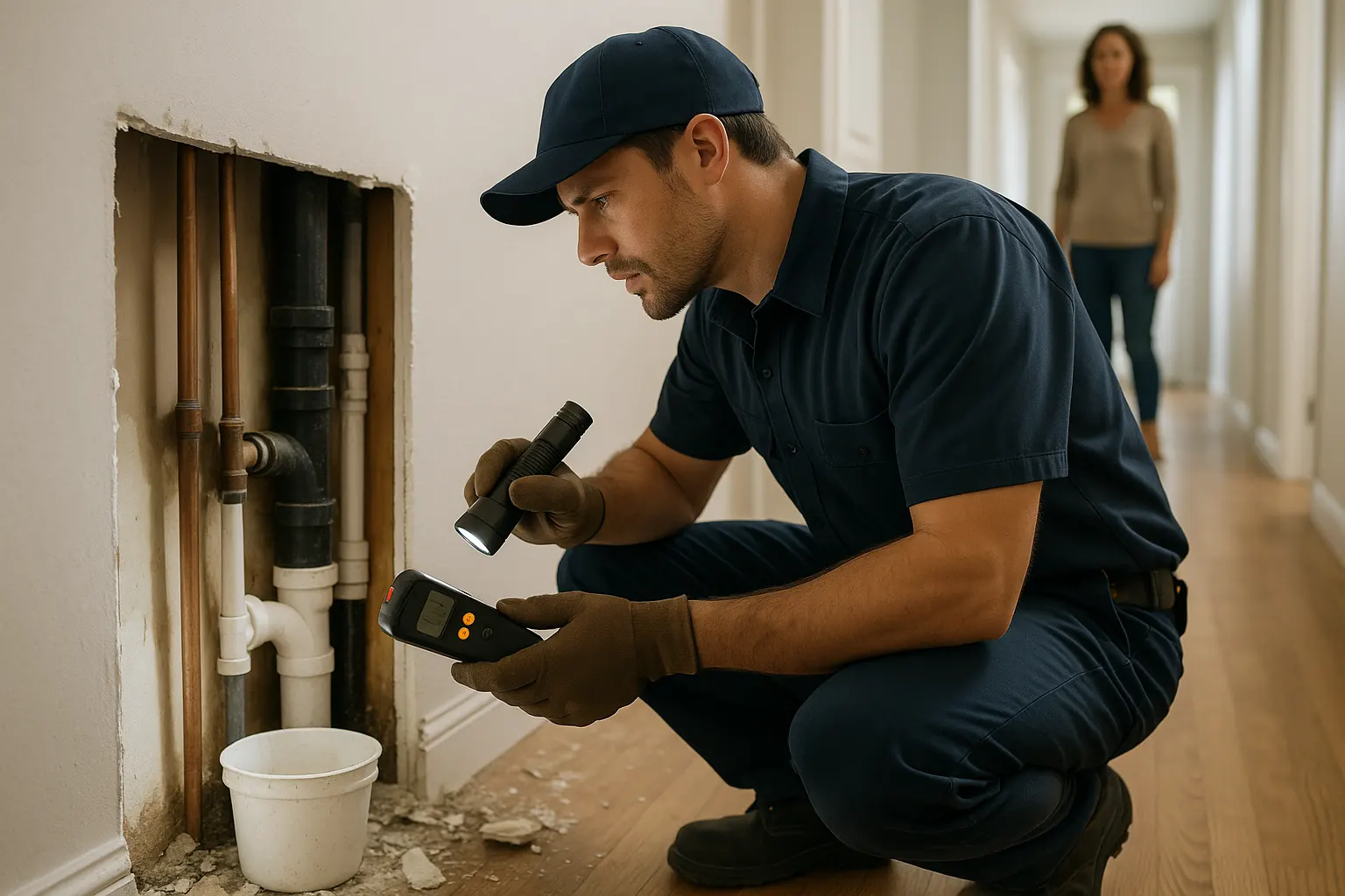 Professional plumber inspecting exposed copper supply lines, PVC drain, and sewer pipe behind opened hallway drywall, using a moisture meter and flashlight while a homeowner observes.