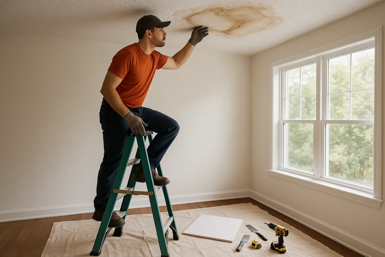 Home renovation specialist on a secure ladder inspecting water-stained, sagging ceiling drywall in a bright room, with a cut patch panel and repair tools arranged below.