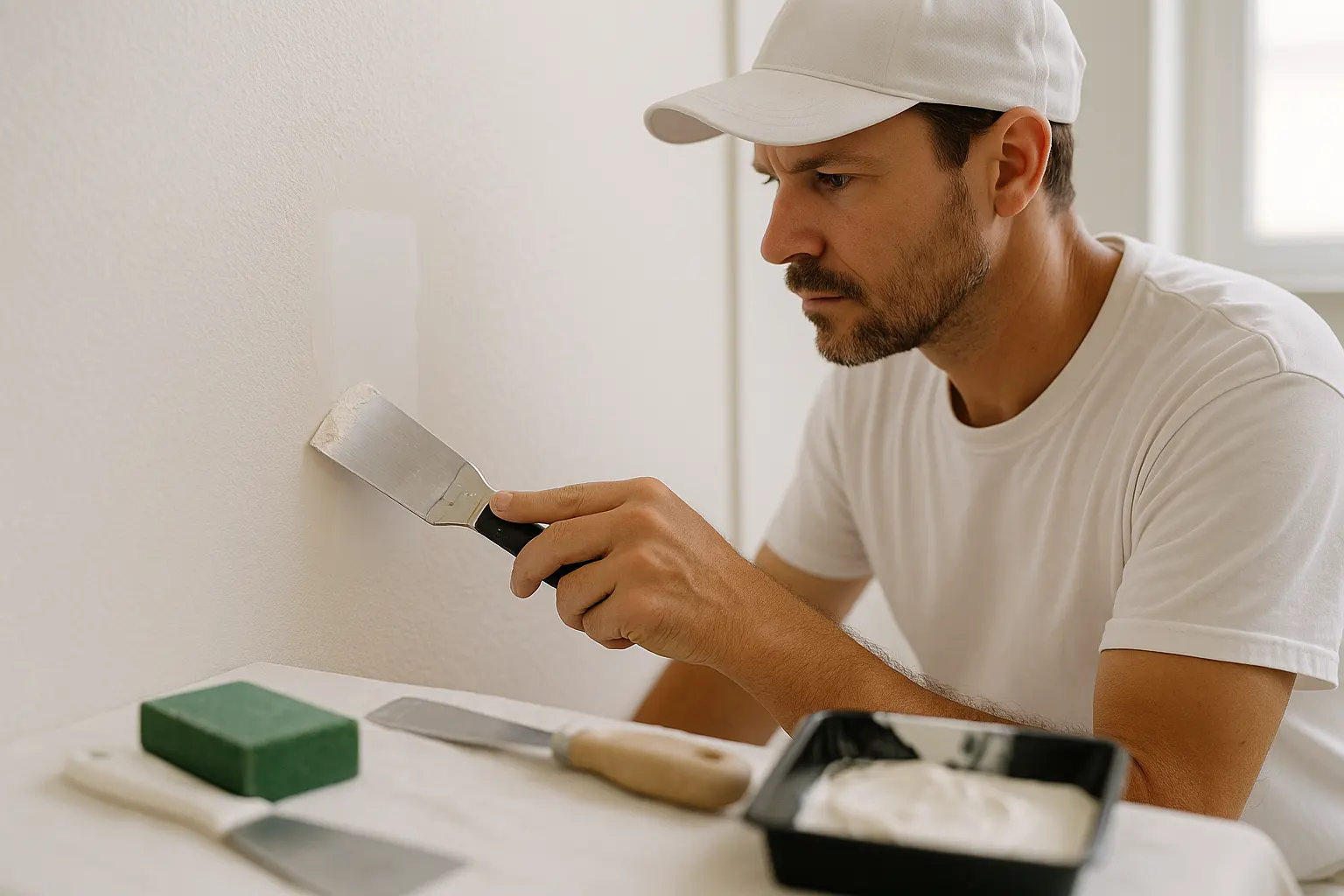 Close-up of a painter feathering joint compound over a repaired drywall patch to match surrounding orange-peel wall texture.