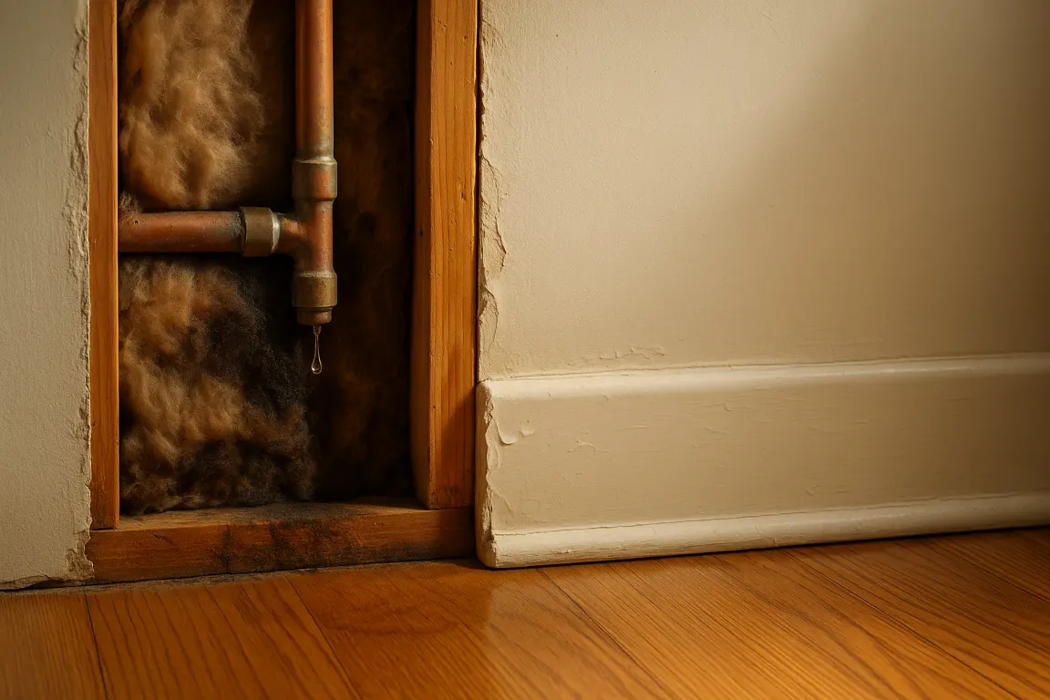 Cutaway of an older home wall showing a slow drip from a corroded copper pipe joint, damp insulation and framing, bubbling paint, swollen baseboard, and a faint moisture patch on hardwood flooring