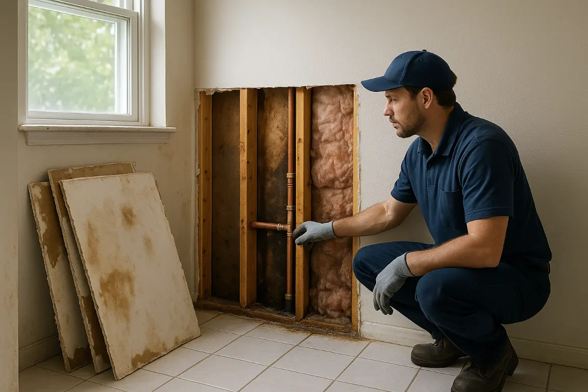 Plumber inspecting exposed wall studs, damp insulation, and repaired copper pipe after a hidden bathroom leak, with swollen stained drywall panels removed nearby.