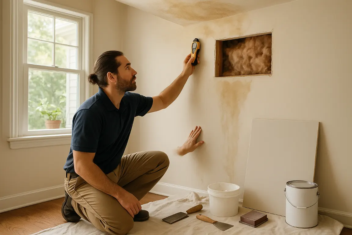 Restoration technician uses a moisture meter on water-stained ceiling and soft drywall in a bright home, with an open repair area showing damp insulation and framing alongside drywall patching and priming supplies.