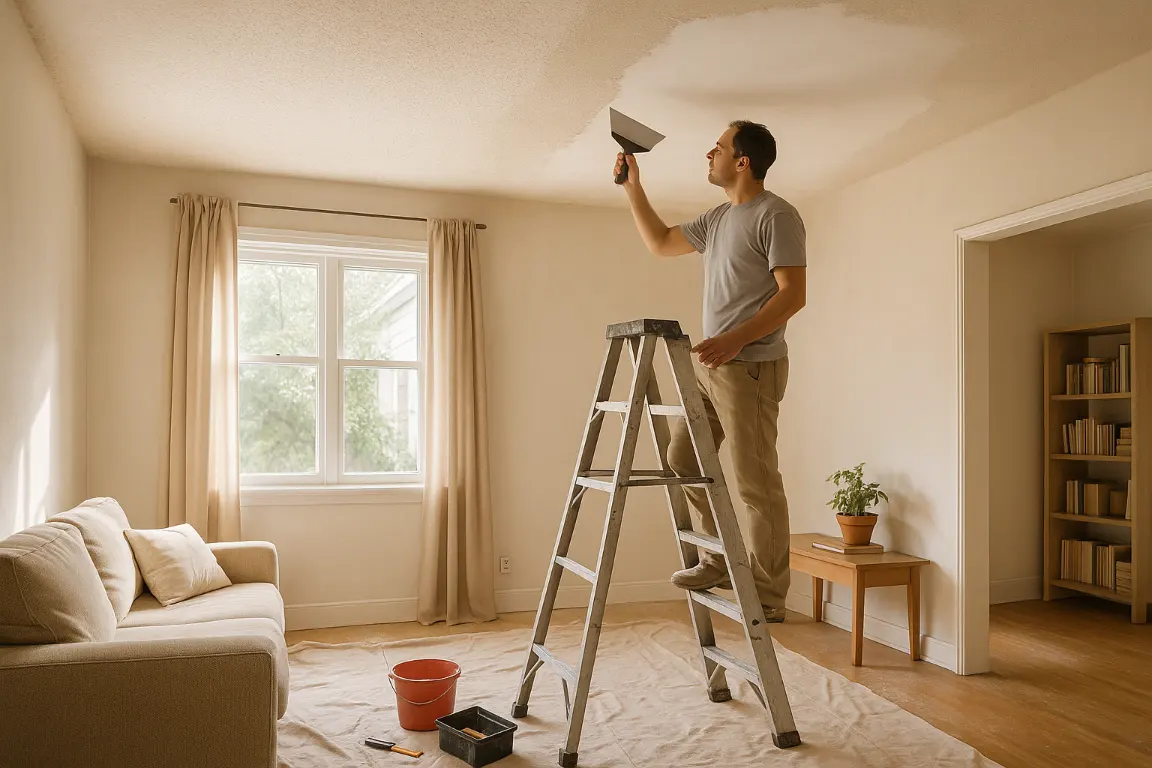 Contractor on ladder inspecting a popcorn ceiling repair beside a larger stripped section in a bright room, with drop cloths and drywall tools below.
