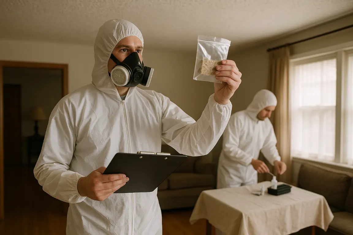 Renovation professional in protective coveralls and respirator holds a sealed sample bag and clipboard beneath an older popcorn ceiling while a technician prepares a testing kit.