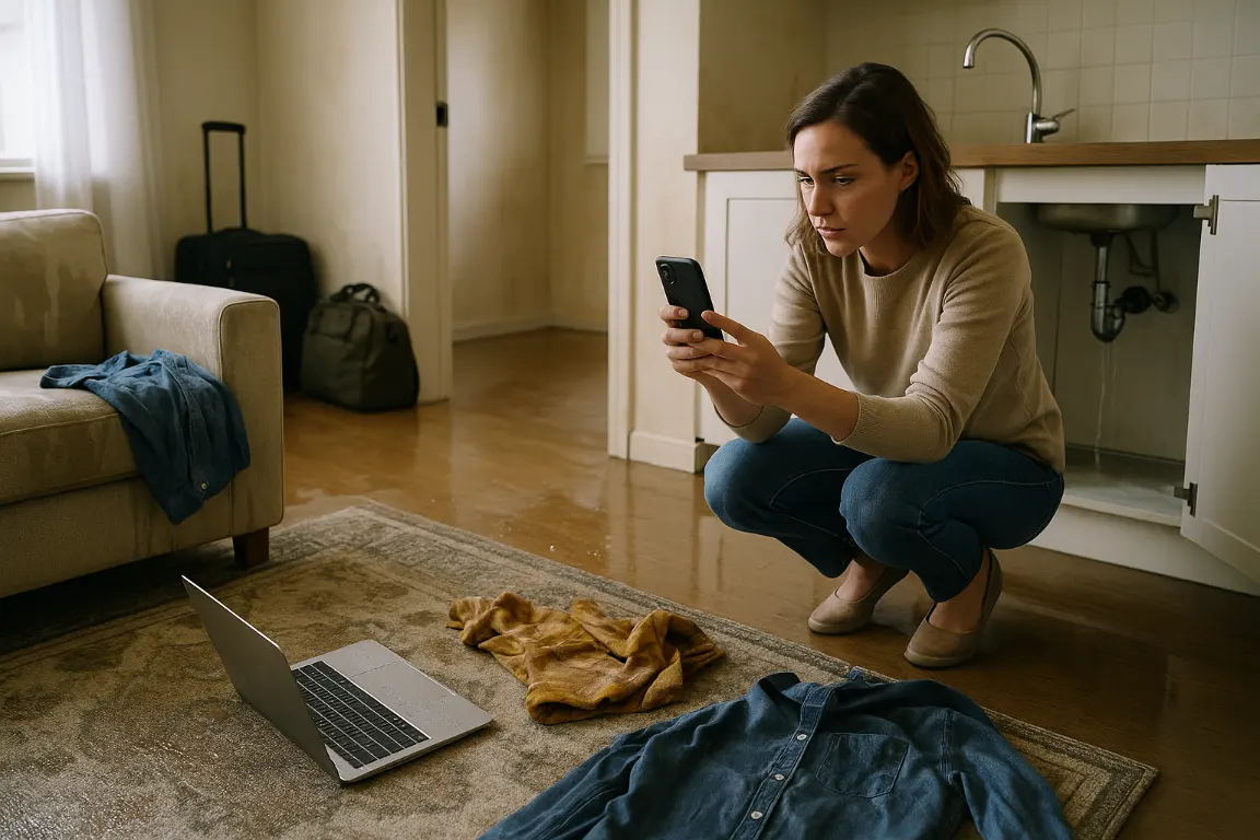 Renter photographs soaked furniture, clothing, rug, and laptop in a water-damaged apartment as a burst supply line drips beneath the kitchen sink; packed bags near the door suggest temporary relocation.