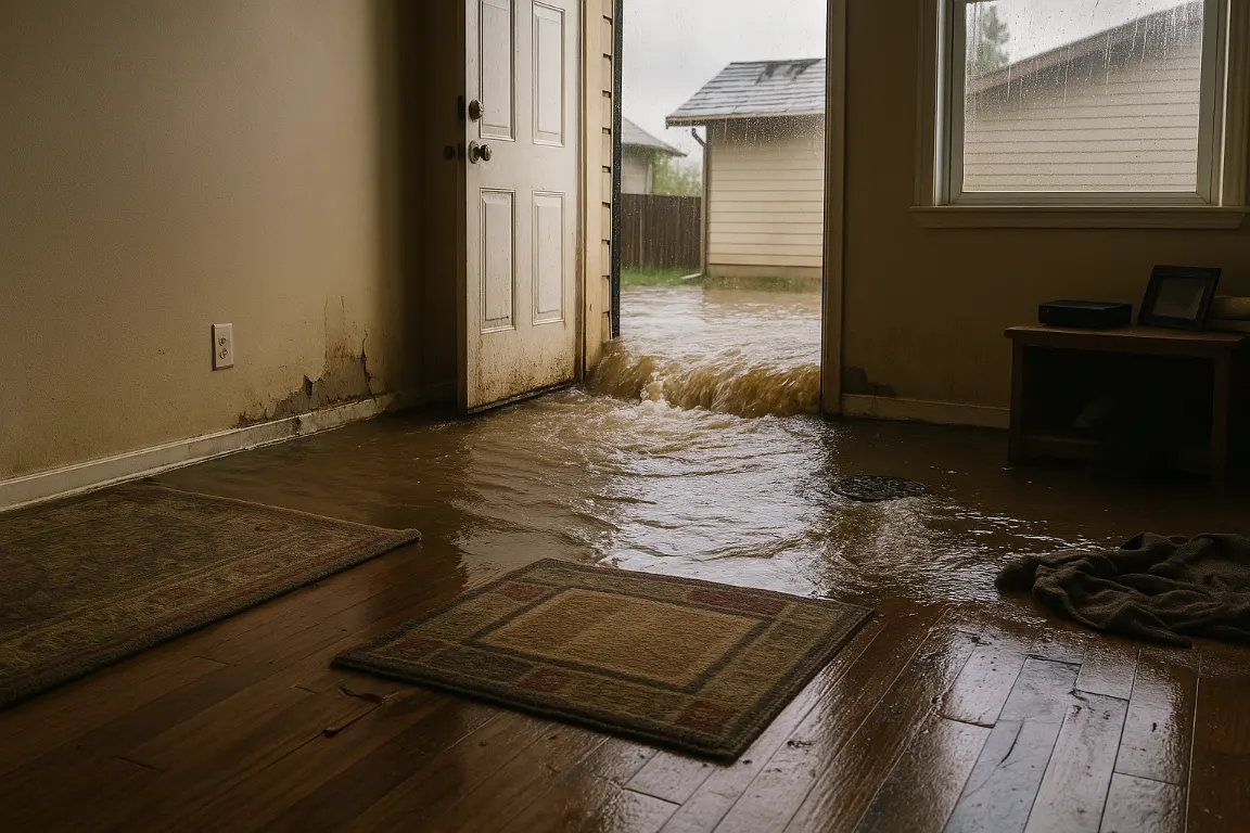 Floodwater enters a damaged apartment through a low doorway as a backed-up floor drain overflows near soaked rugs, warped flooring, damaged drywall, and waterlogged belongings.