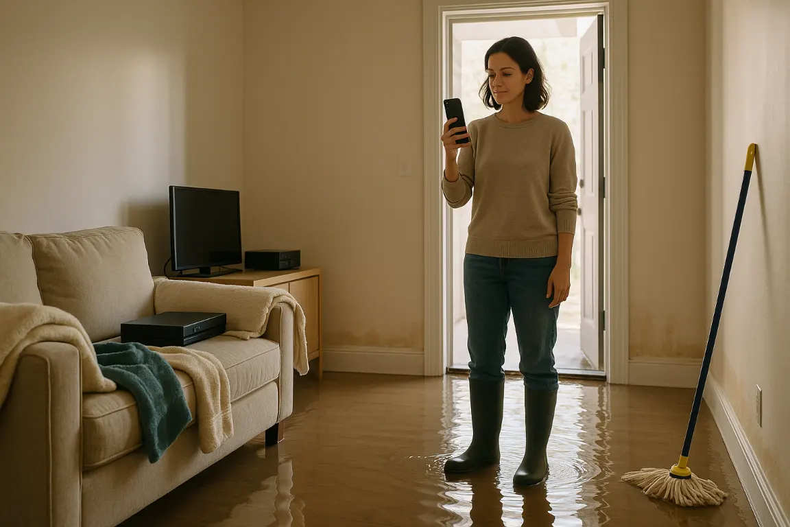 Apartment resident in rubber boots documents shallow floodwater on hardwood floors while electronics and rug remain on dry furniture, towels and mop sit nearby, and a maintenance worker arrives.