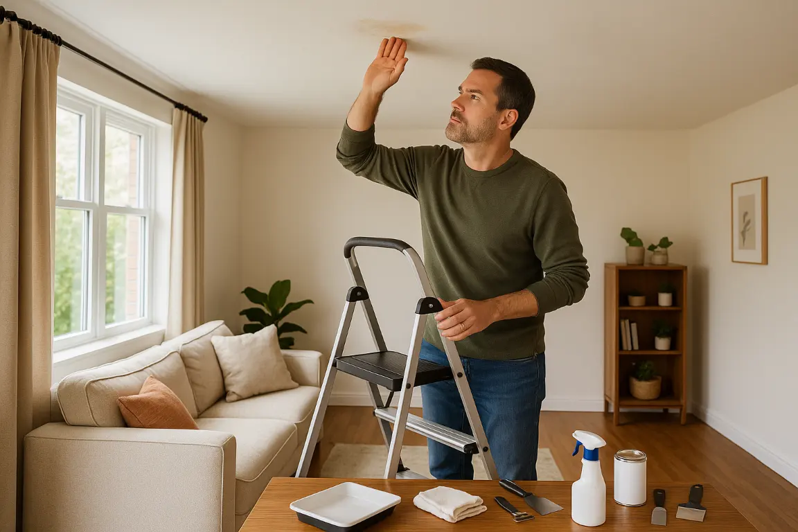 diy homeowner repairing his own brown stain on ceiling