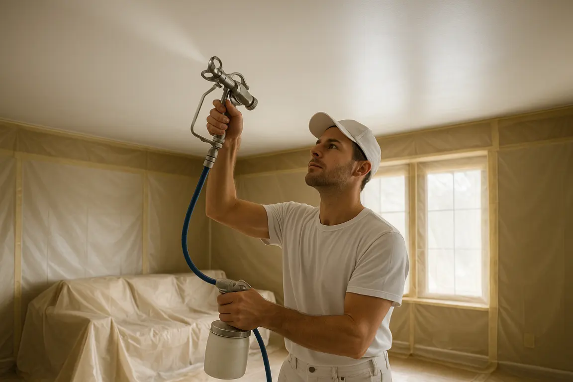 restoration worker sprays ceiling with white paint after oil based sealer
