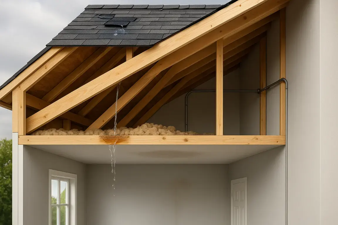 Cutaway attic shows water from damaged roof shingles traveling along rafters, insulation, and electrical conduit before pooling above drywall and causing a distant ceiling stain and wall water mark.