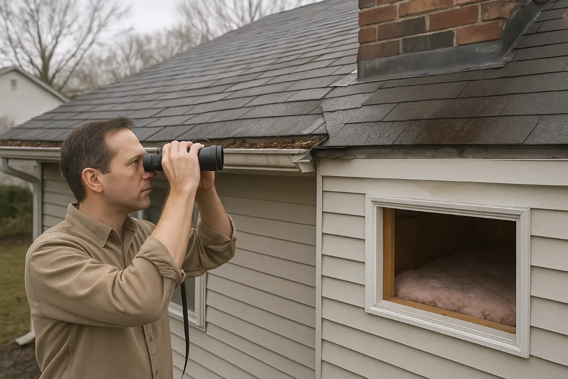 Homeowner on the ground uses binoculars to inspect a rain-soaked suburban roof with displaced shingles, bent chimney flashing, gutter debris, and a damp valley; attic hatch shows faint ceiling staining and damp insulation.