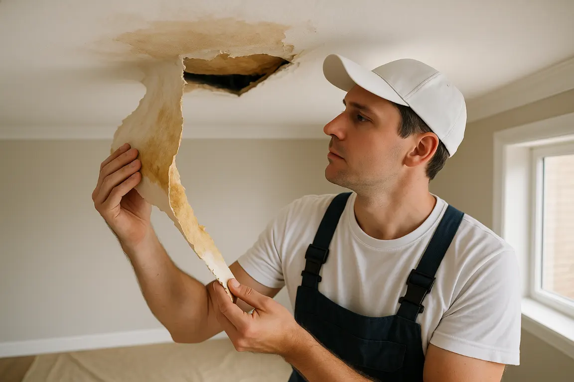 Restoration worker inspecting water-damaged ceiling drywall beneath a roof leak, comparing firm dry material with softened swollen drywall being removed near damp insulation.