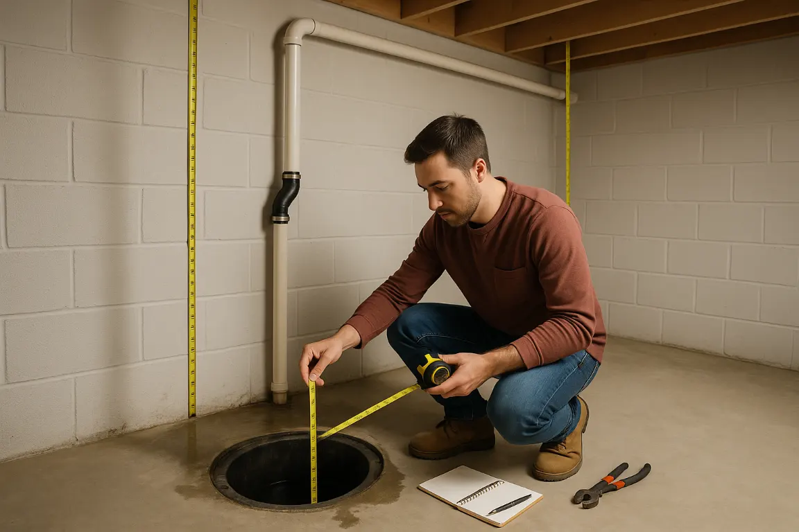 Homeowner measures an open sump pit and PVC discharge route in an unfinished basement, with visible check valve, elbows, tools, notebook, and damp signs of recent water activity.