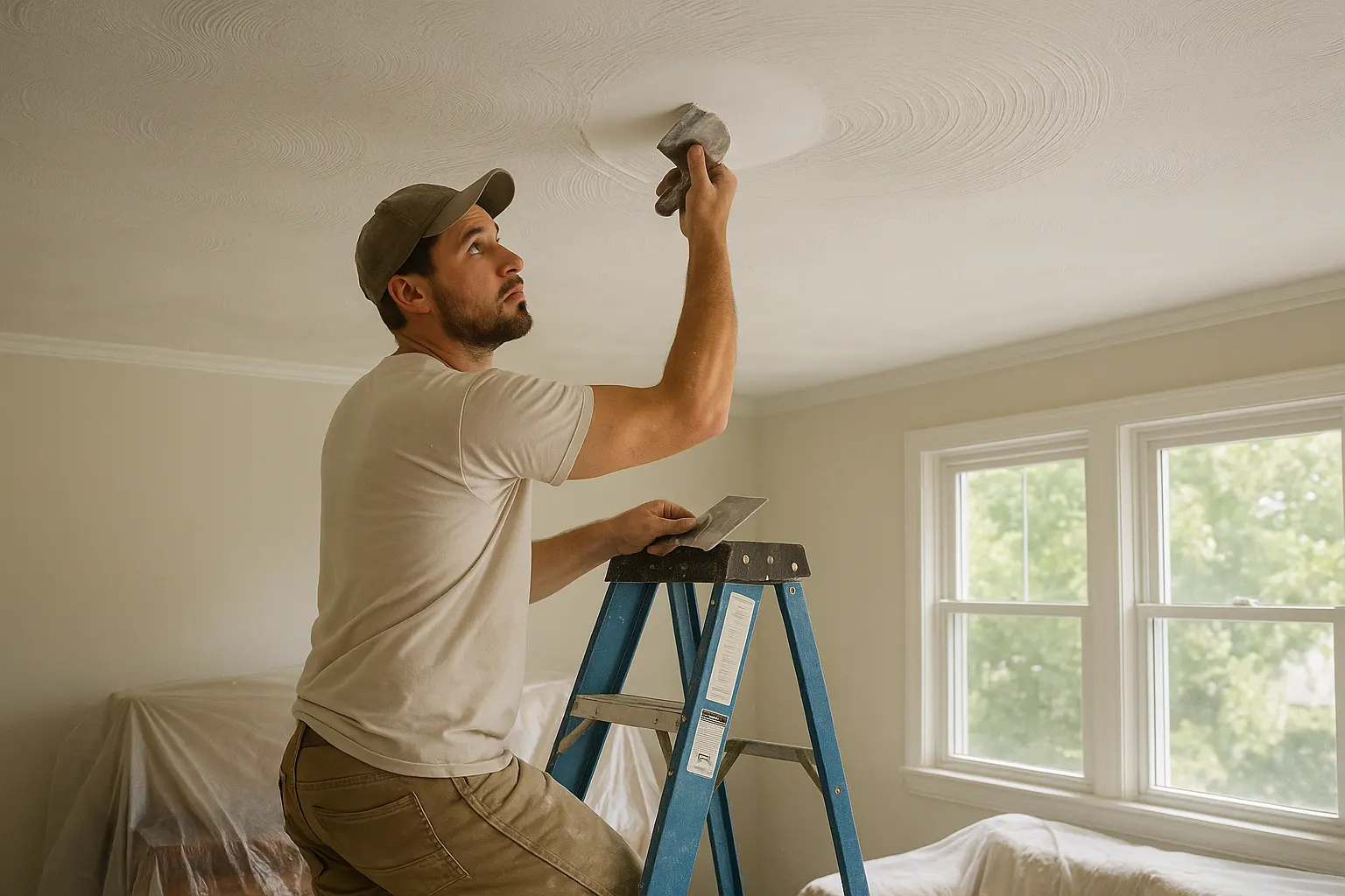 Drywall finisher on a ladder hand-matching a circular swirl texture on a repaired white ceiling in a bright Springfield, Massachusetts home, with protected furniture and dust-control drop cloths below