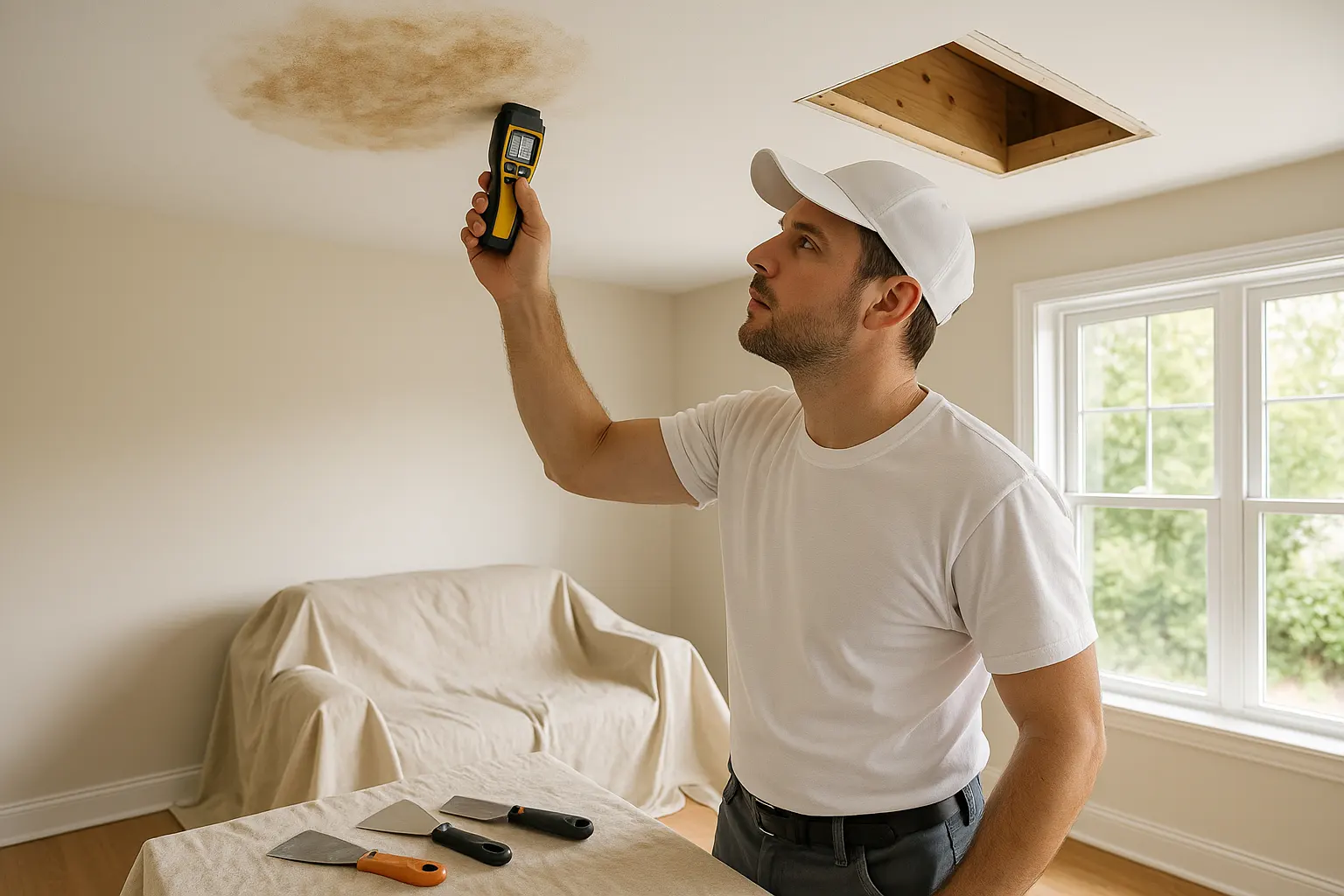 Drywall repair technician uses a moisture meter near a brown ceiling stain in a bright home, inspecting dry framing before ceiling retexturing