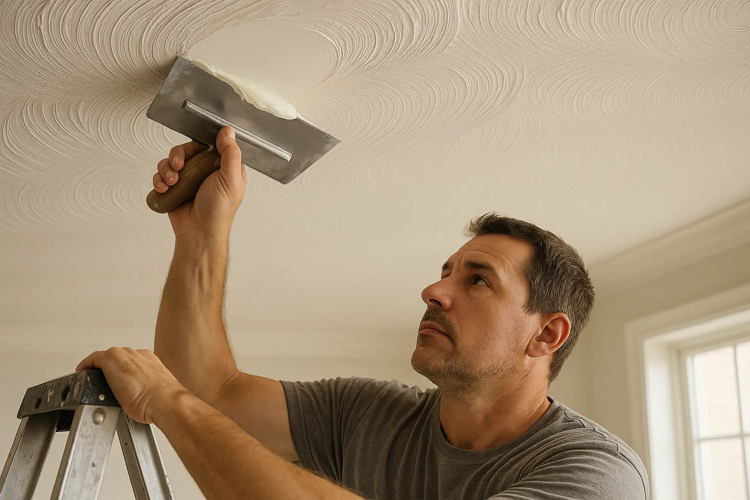 Skilled drywall finisher on a ladder uses a wide trowel and joint compound to blend a repaired ceiling patch into surrounding swirl texture