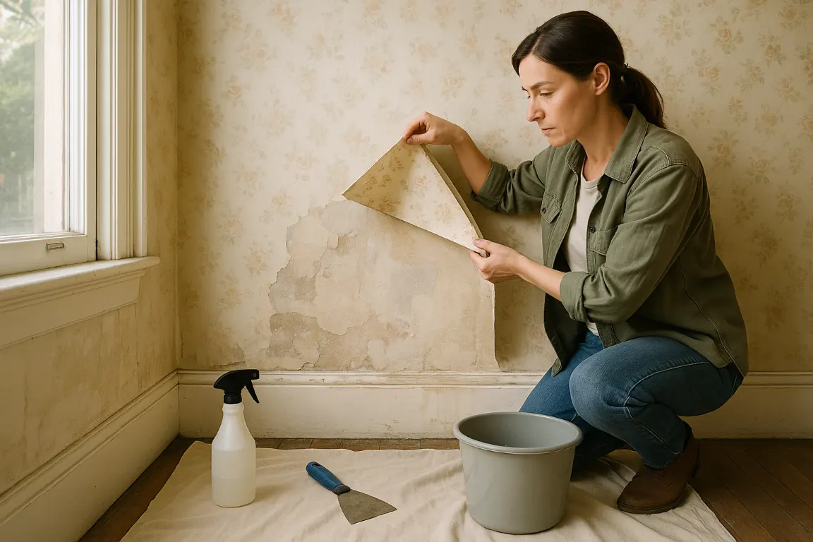 Homeowner peeling aged floral wallpaper to reveal patched plaster and adhesive, with scraper, spray bottle, drop cloth, and bucket nearby in a sunlit room.