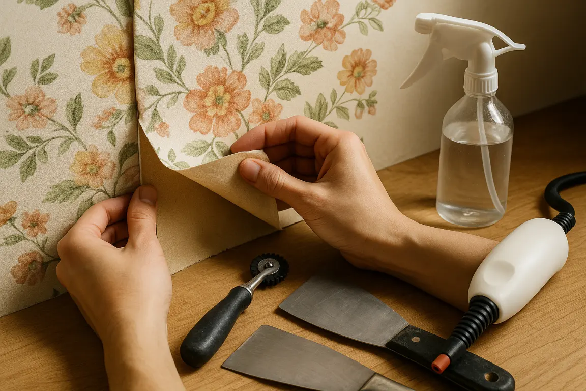 DIYer gently peels a floral wallpaper seam to reveal paper backing on drywall, with a scoring wheel, spray bottle, putty knife, and handheld steamer nearby.