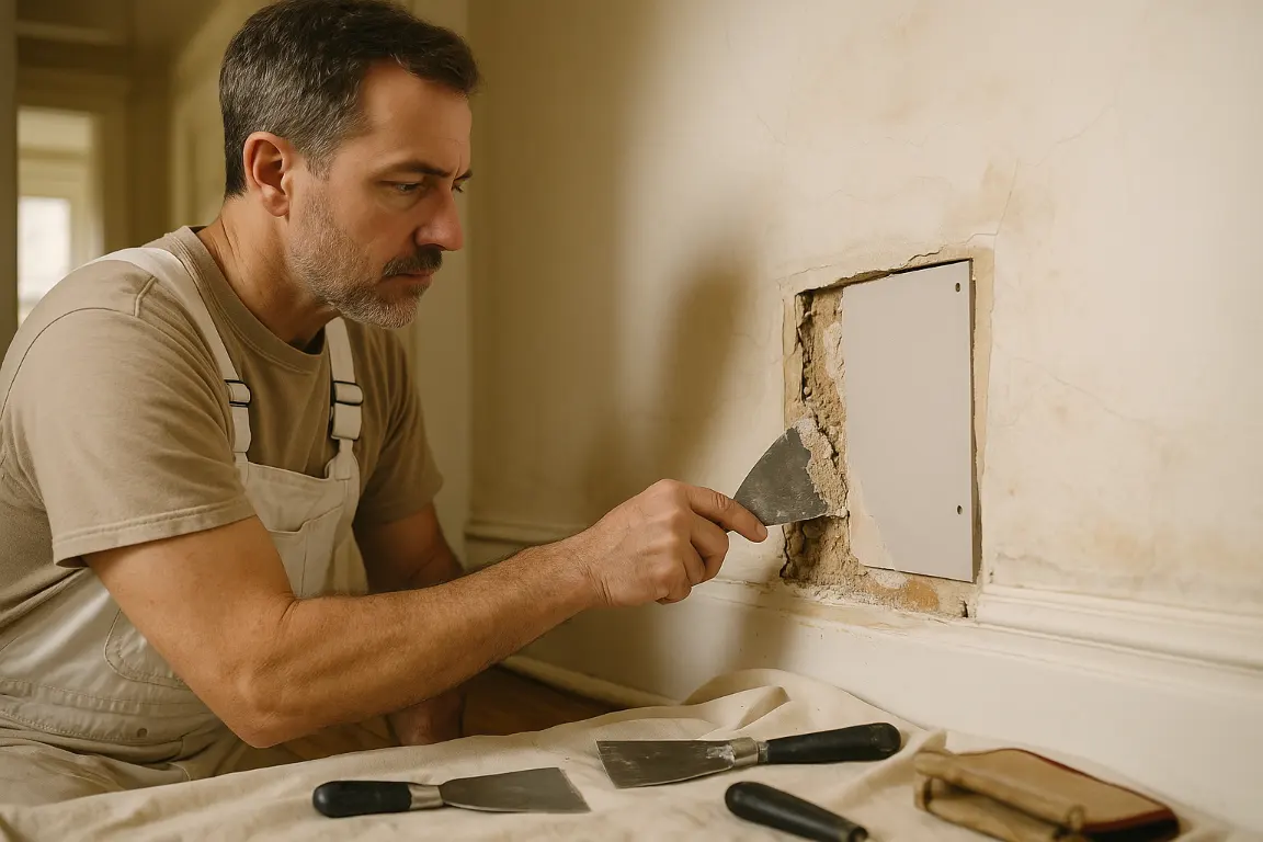Plaster repair professional removes loose, crumbling wall plaster with a putty knife beside a clean drywall replacement patch in an older home, with repair tools and drop cloths nearby.