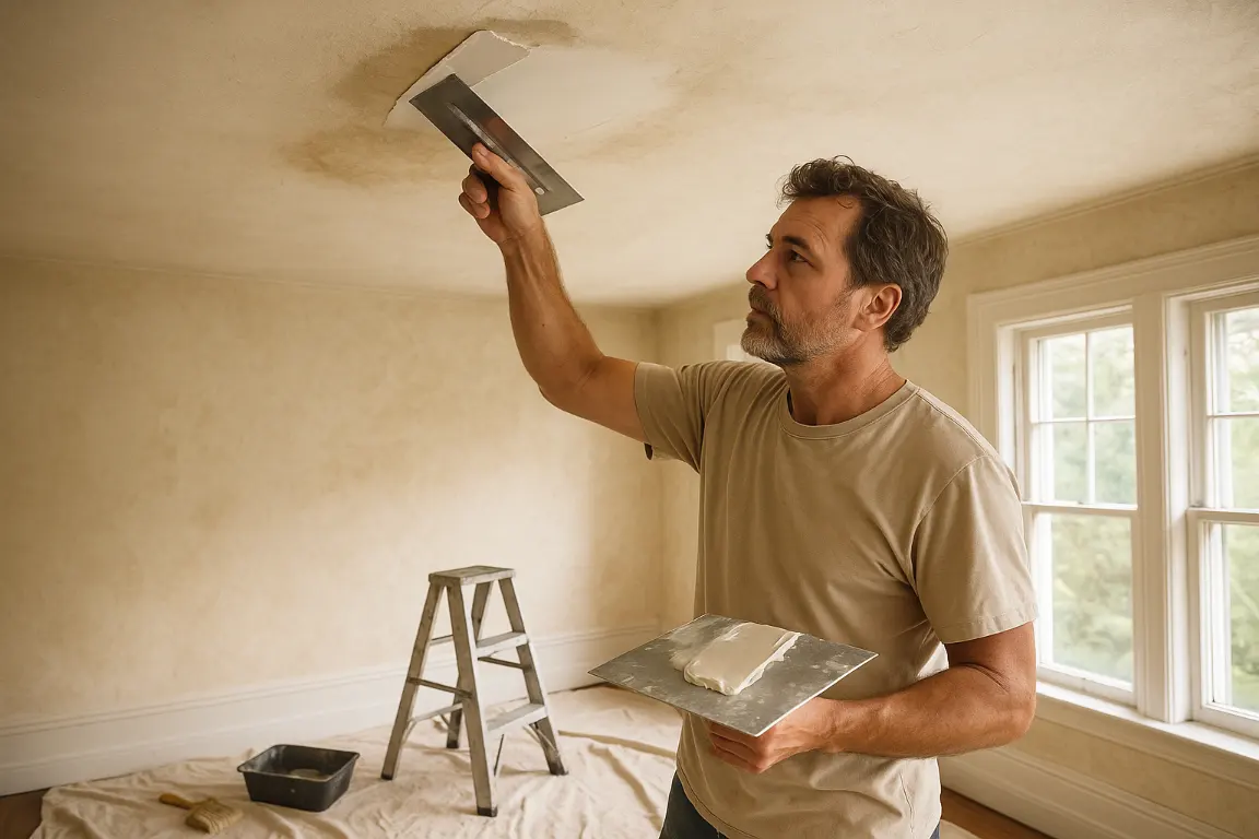 Plaster repair professional applying a thin finish coat to a stabilized water-damaged ceiling patch in a bright older home, with tools and drop cloths neatly arranged below