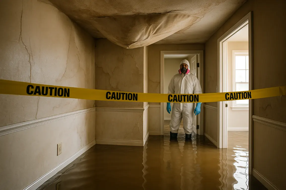 water restoration tech in protective gear standing in water in a home thats flooded