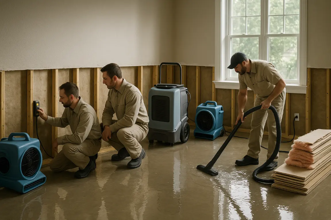 three water damage restoration techs working in a room to cleanup flood water
