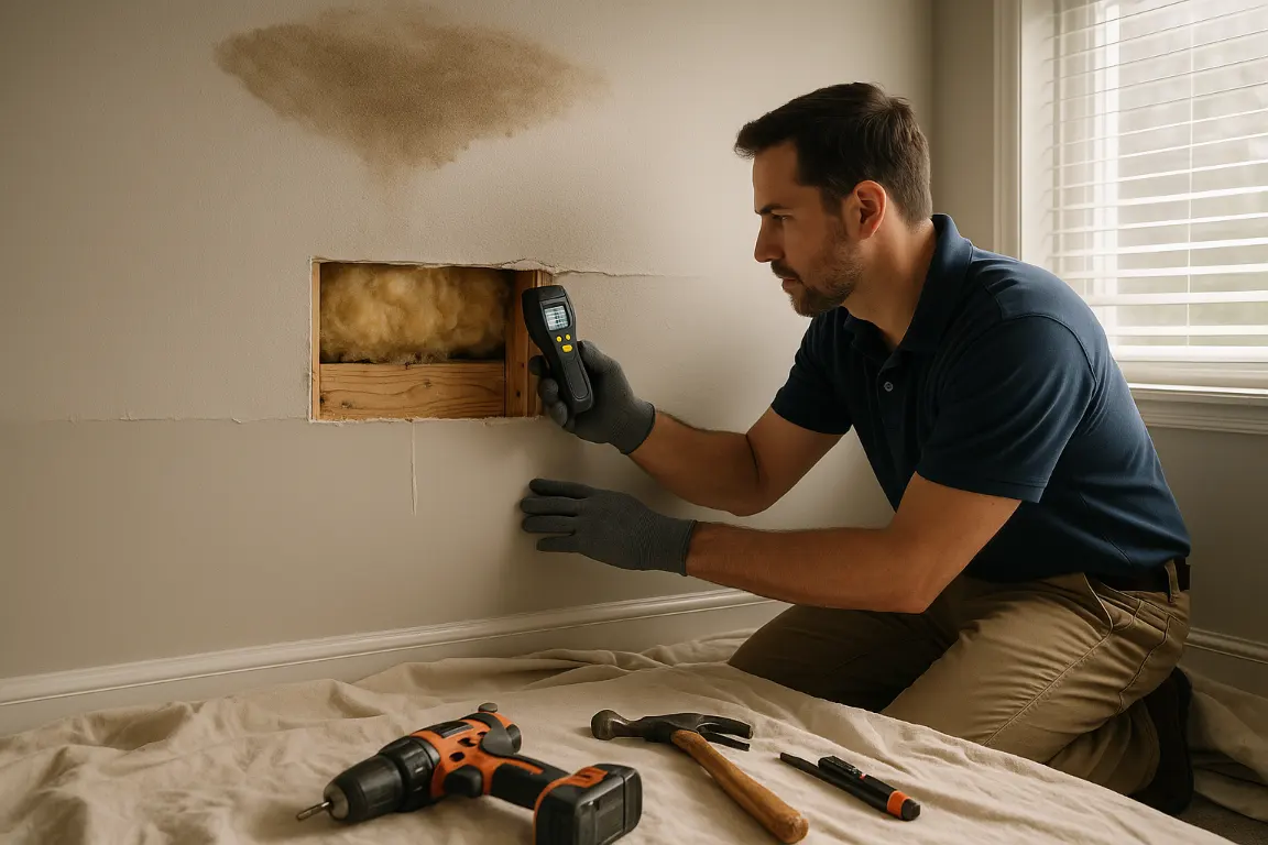 iicrc water restoration tech scans an open hole in drywall for moisture